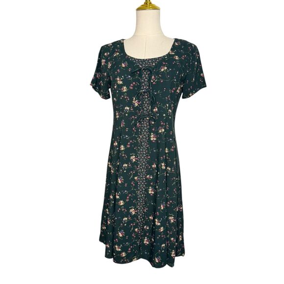Vtg Another Thyme Women’s 4 A-Line Dress Green Floral Rayon Cottage Core 90s - Picture 1 of 7
